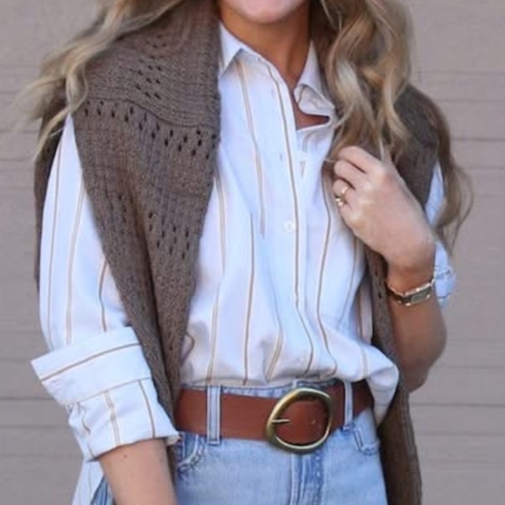 Classic Stripe Button-Down Shirt in White and Tan